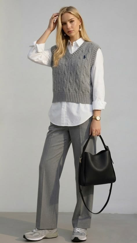 Woman wearing a sweater vest over a button-down shirt with trousers