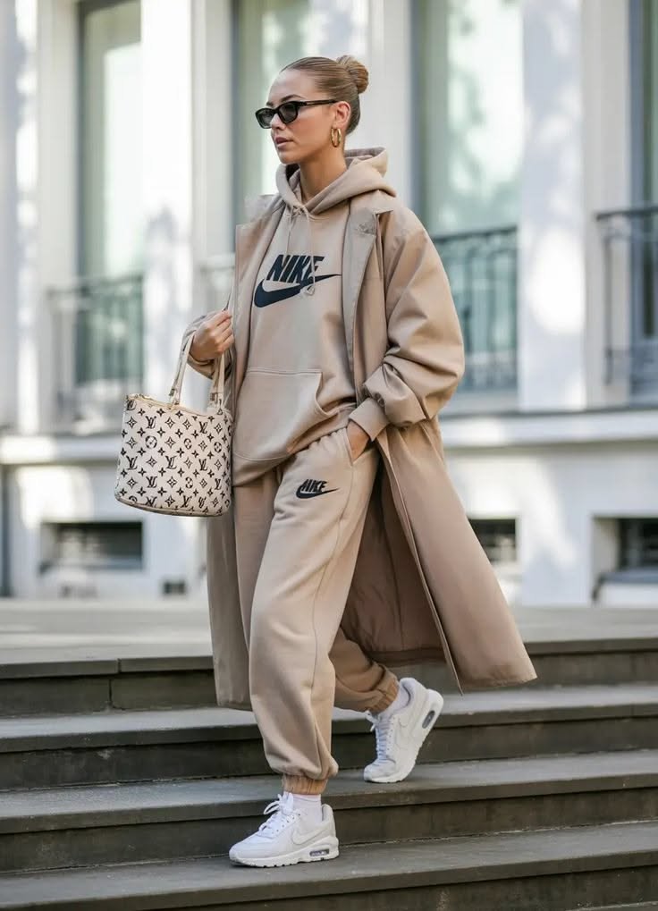 Woman wearing a trench coat over a sweatsuit