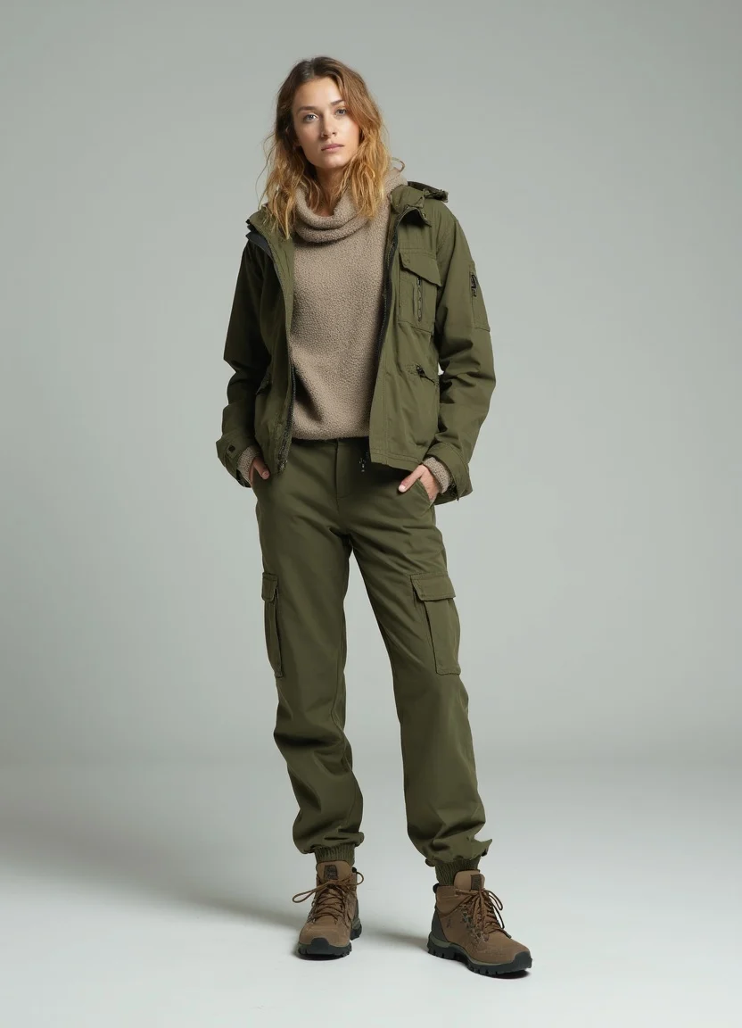 Woman wearing a utility jacket with cargo pants