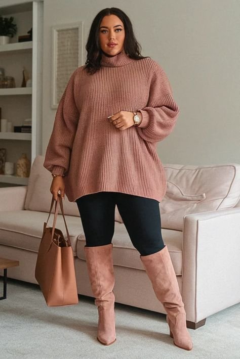 Woman wearing an oversized turtleneck sweater with leggings and knee-high boots