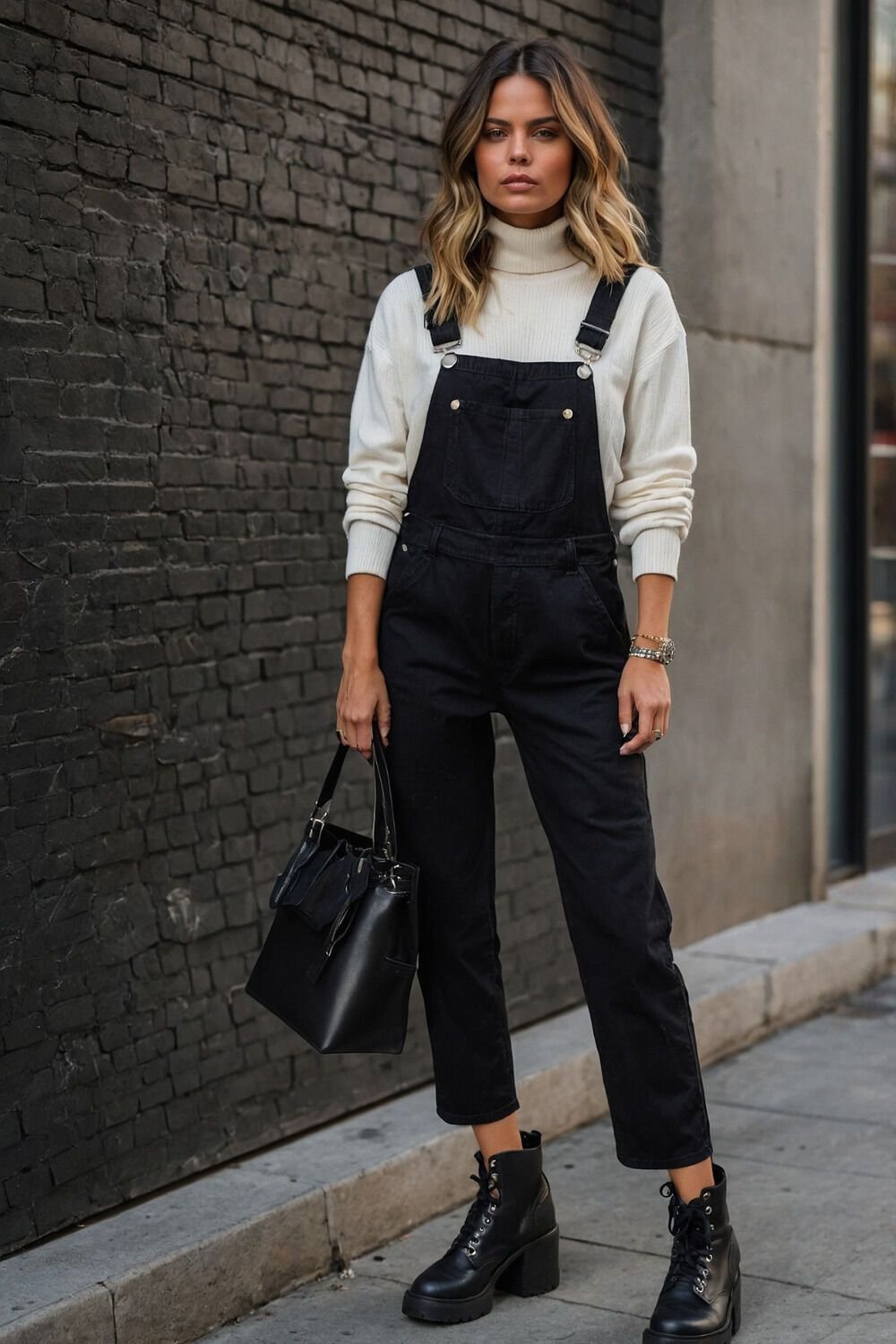 Woman wearing a turtleneck with denim overalls