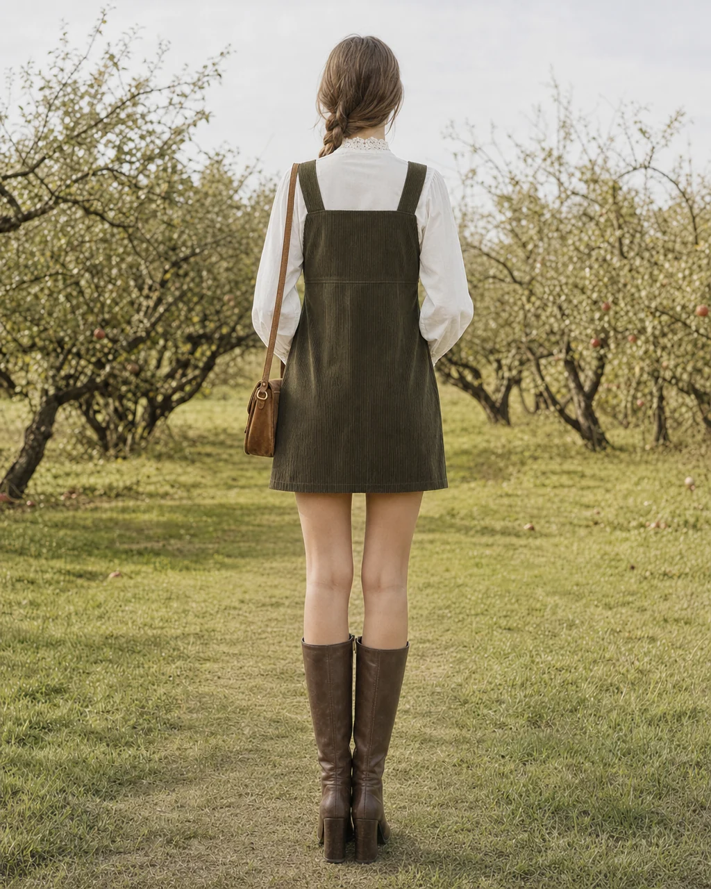 Woman in white blouse with corduroy pinafore dress orchard