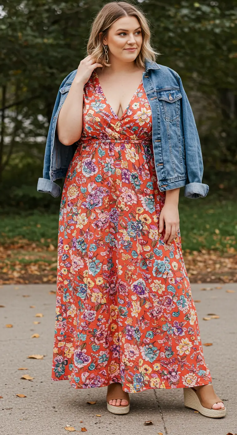 Plus size woman in wrap dress and denim jacket at pumpkin patch