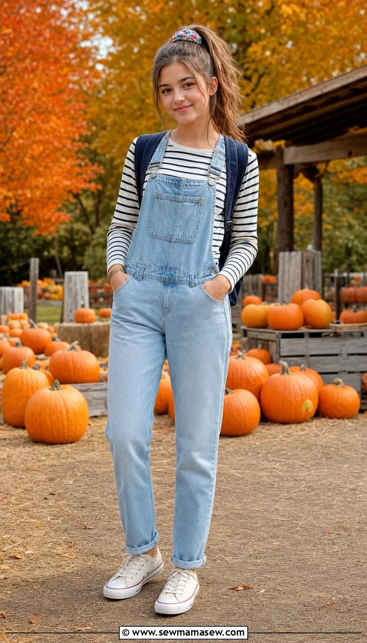 Plus size woman in corduroy overalls with striped shirt pumpkin patch