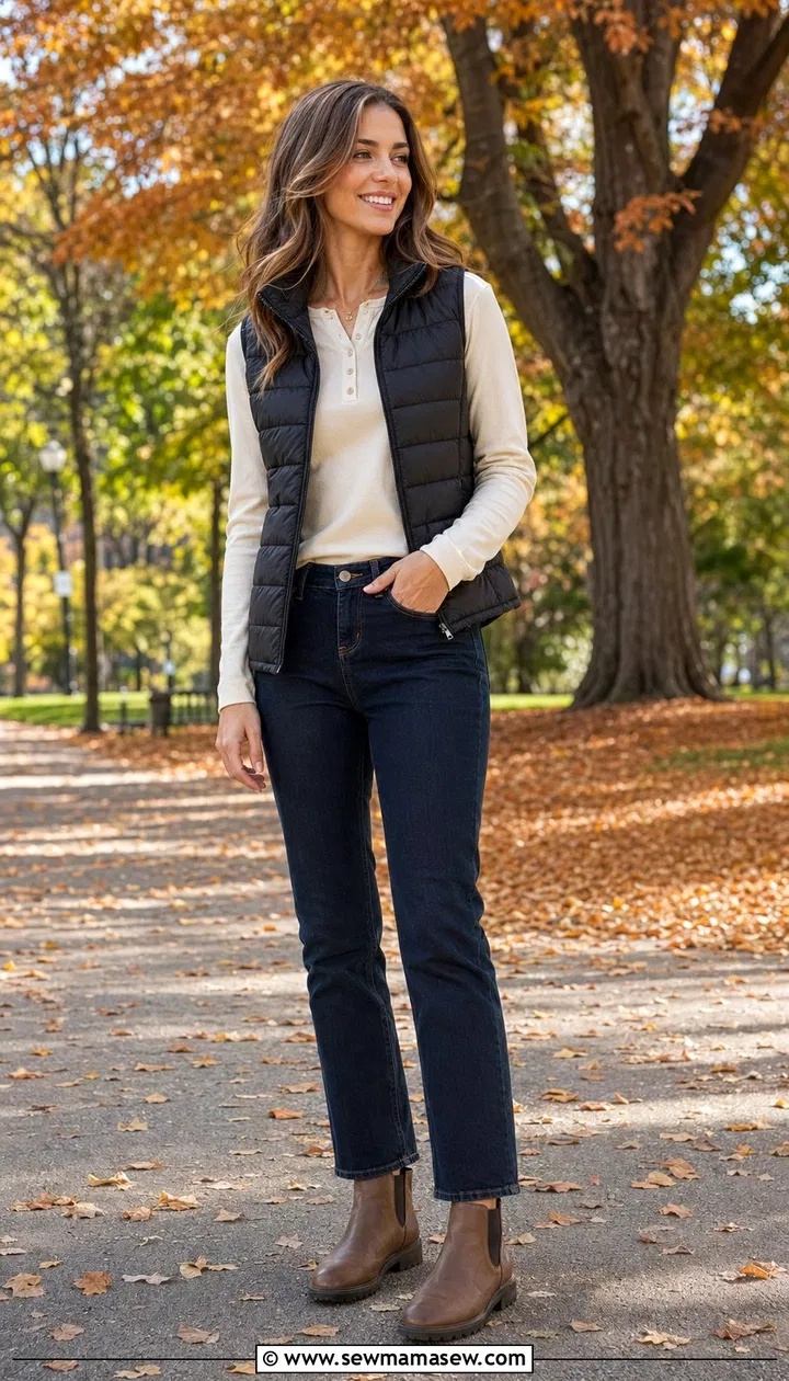 Plus size woman in layered vest with henley and jeans pumpkin patch
