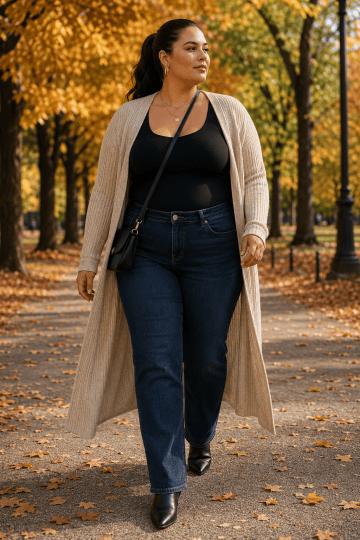 Plus size woman in long cardigan with jeans and tee pumpkin patch
