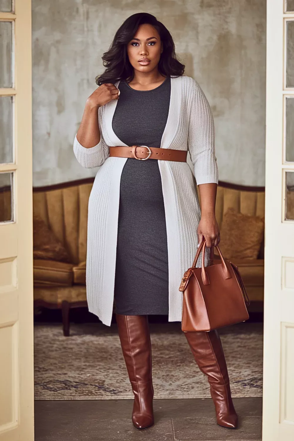 Plus size woman in shirt dress with leggings and boots autumn
