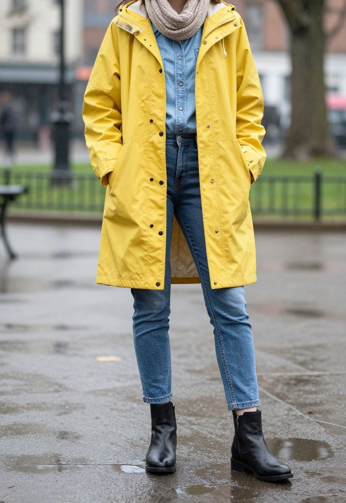 Woman in denim jacket and dark jeans with duck boots in rain
