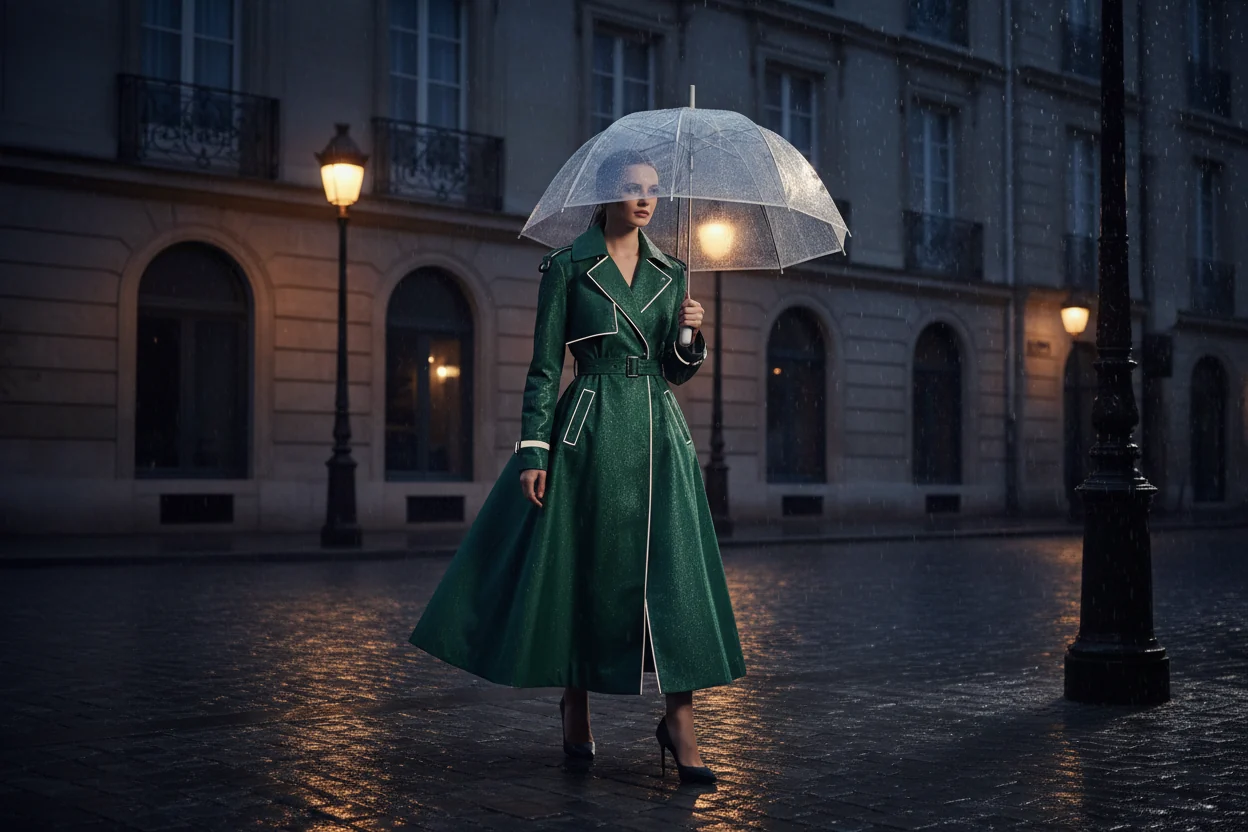 Woman in double breasted raincoat and pleated skirt office rain