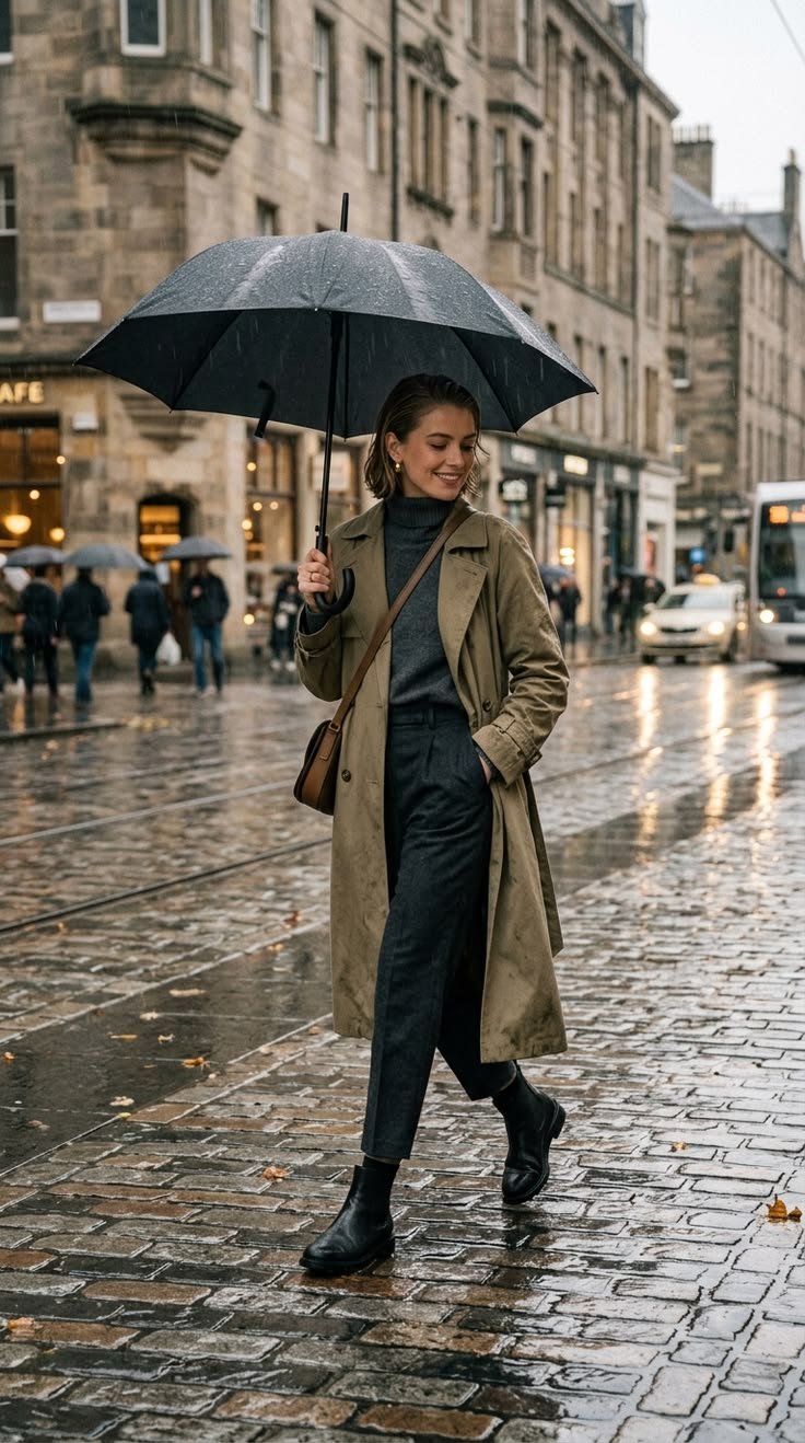 Woman in trench coat with waterproof Chelsea boots on wet street