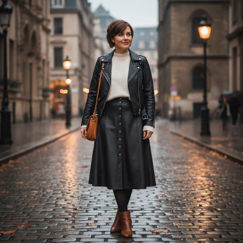 Woman in leather jacket and waterproof skirt with tights in rain