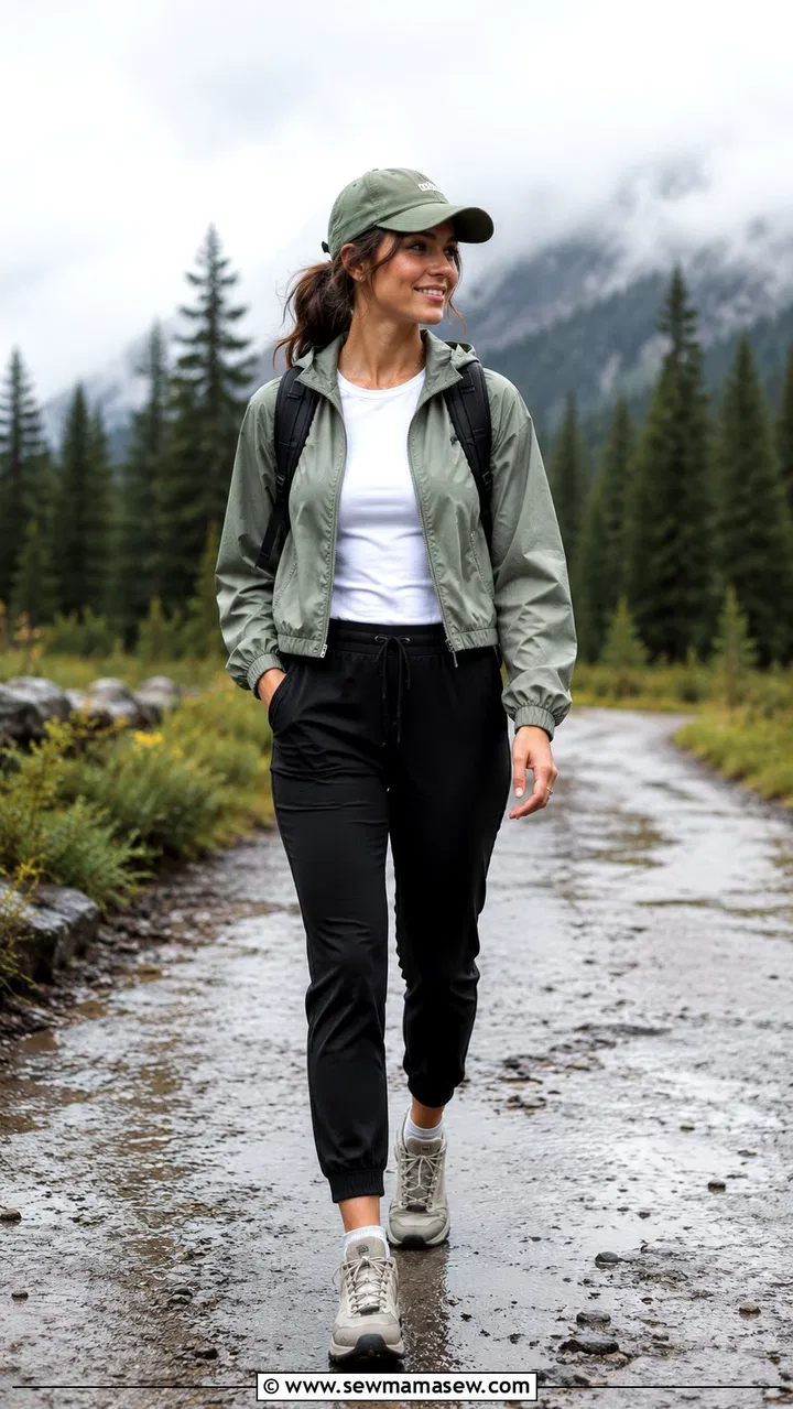 Woman in softshell jacket and joggers with waterproof sneakers