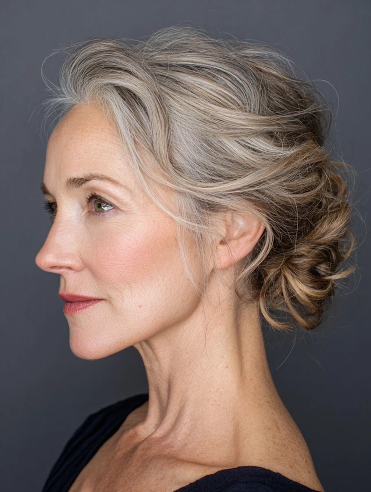 Low twisted bun updo on a mature woman, elegant and neat