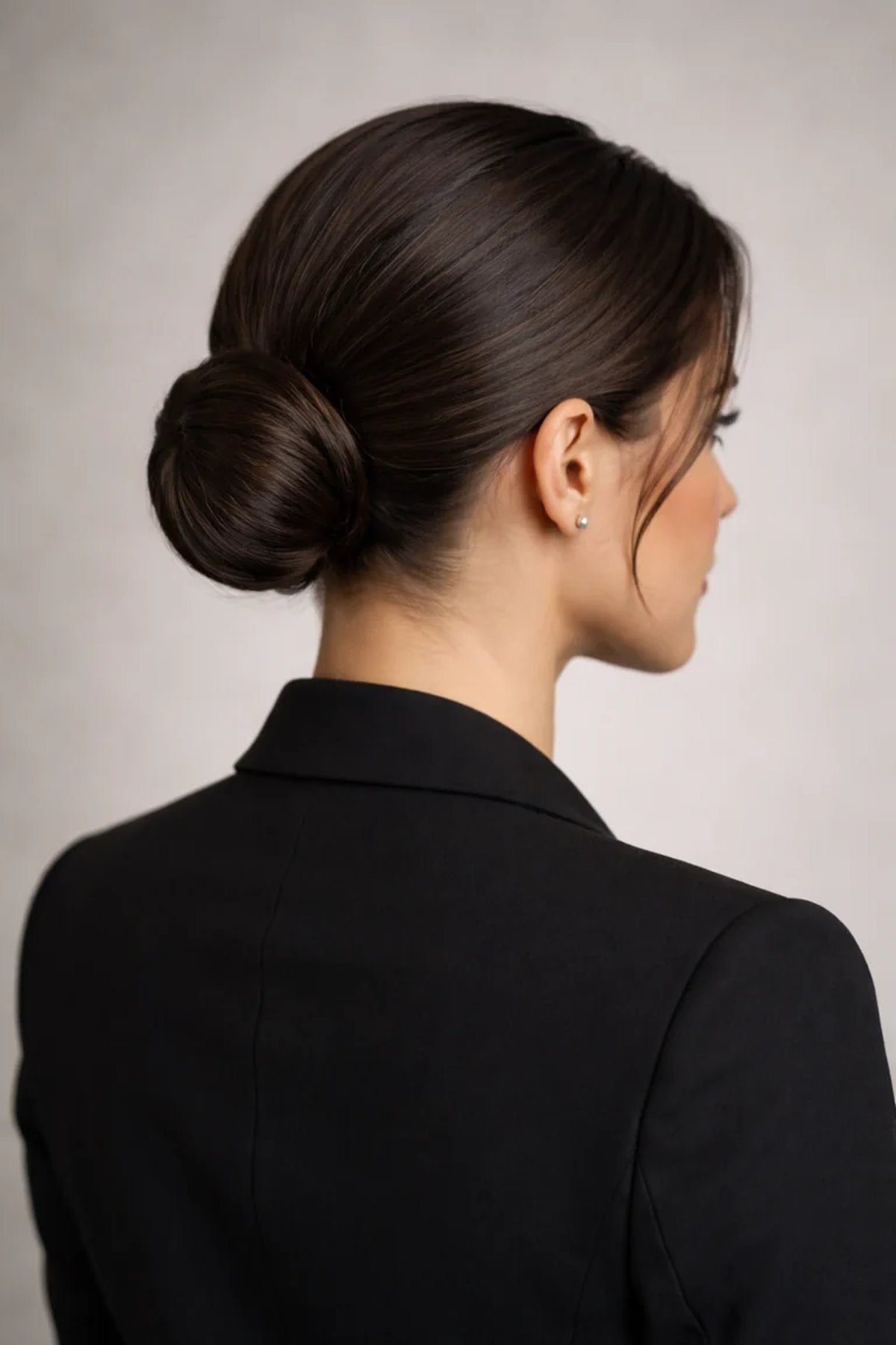 Sleek low bun updo on a professional woman, polished office hairstyle