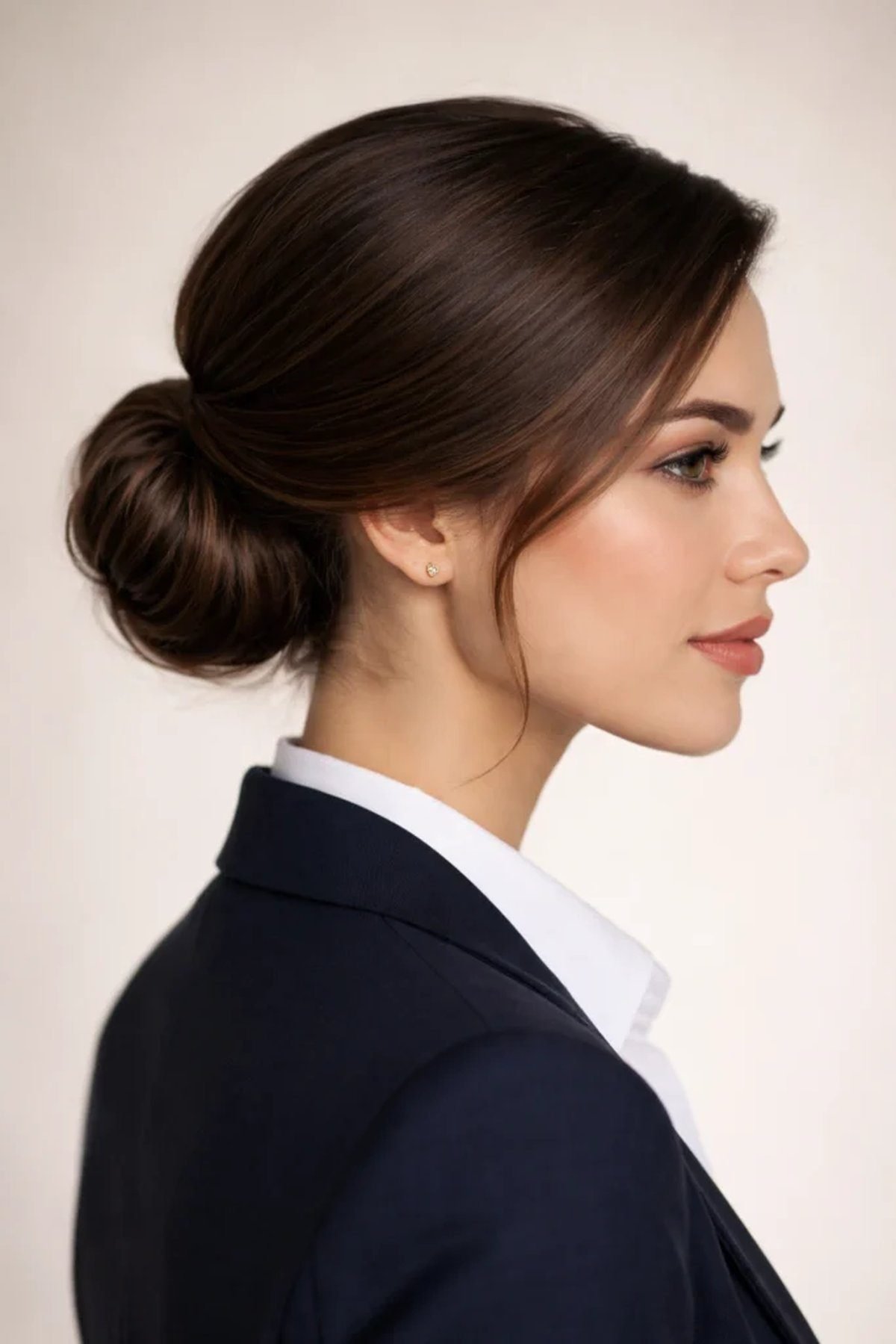 Elegant low chignon hairstyle on a woman at work