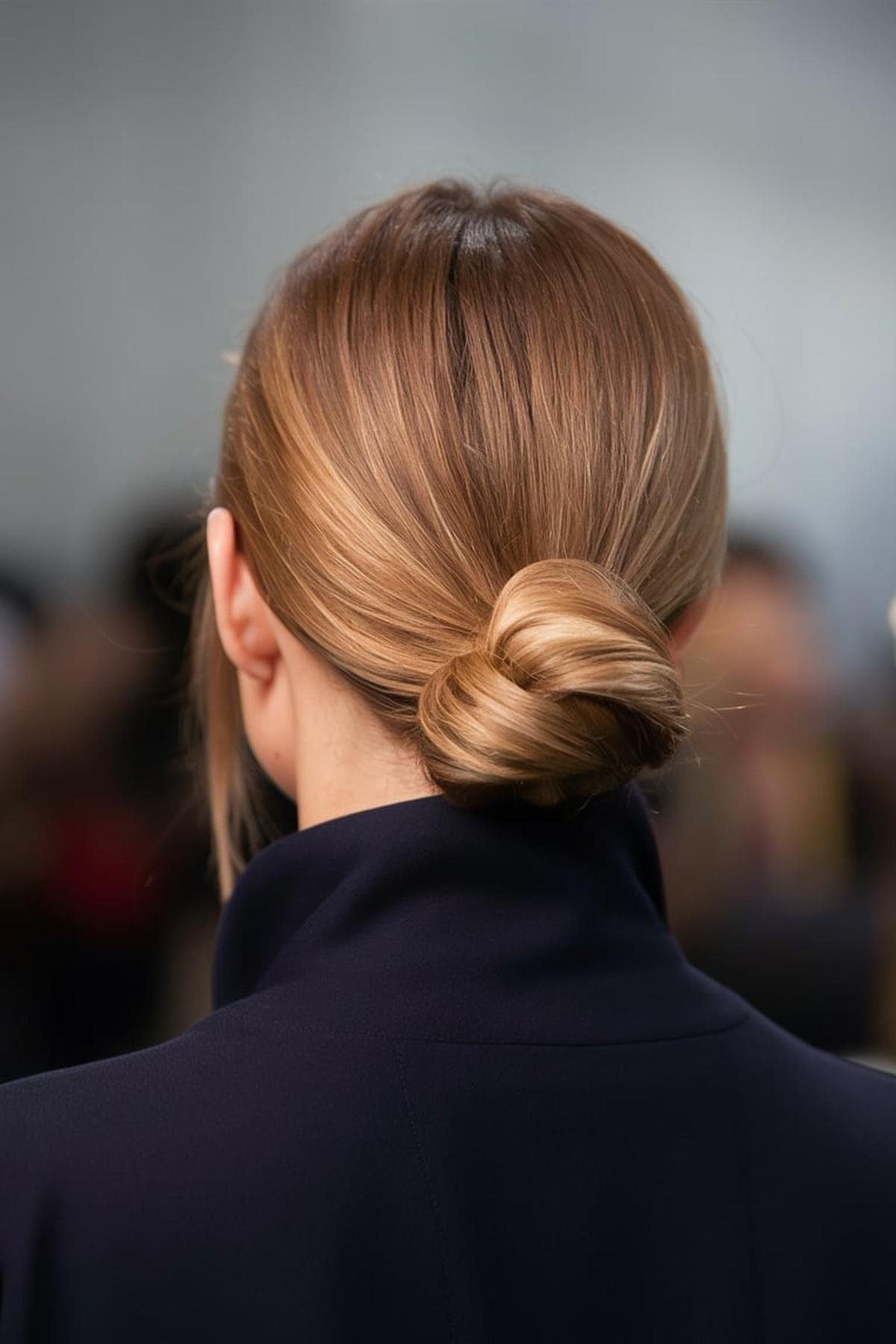 Wrapped low bun hairstyle on a woman in fall office wear