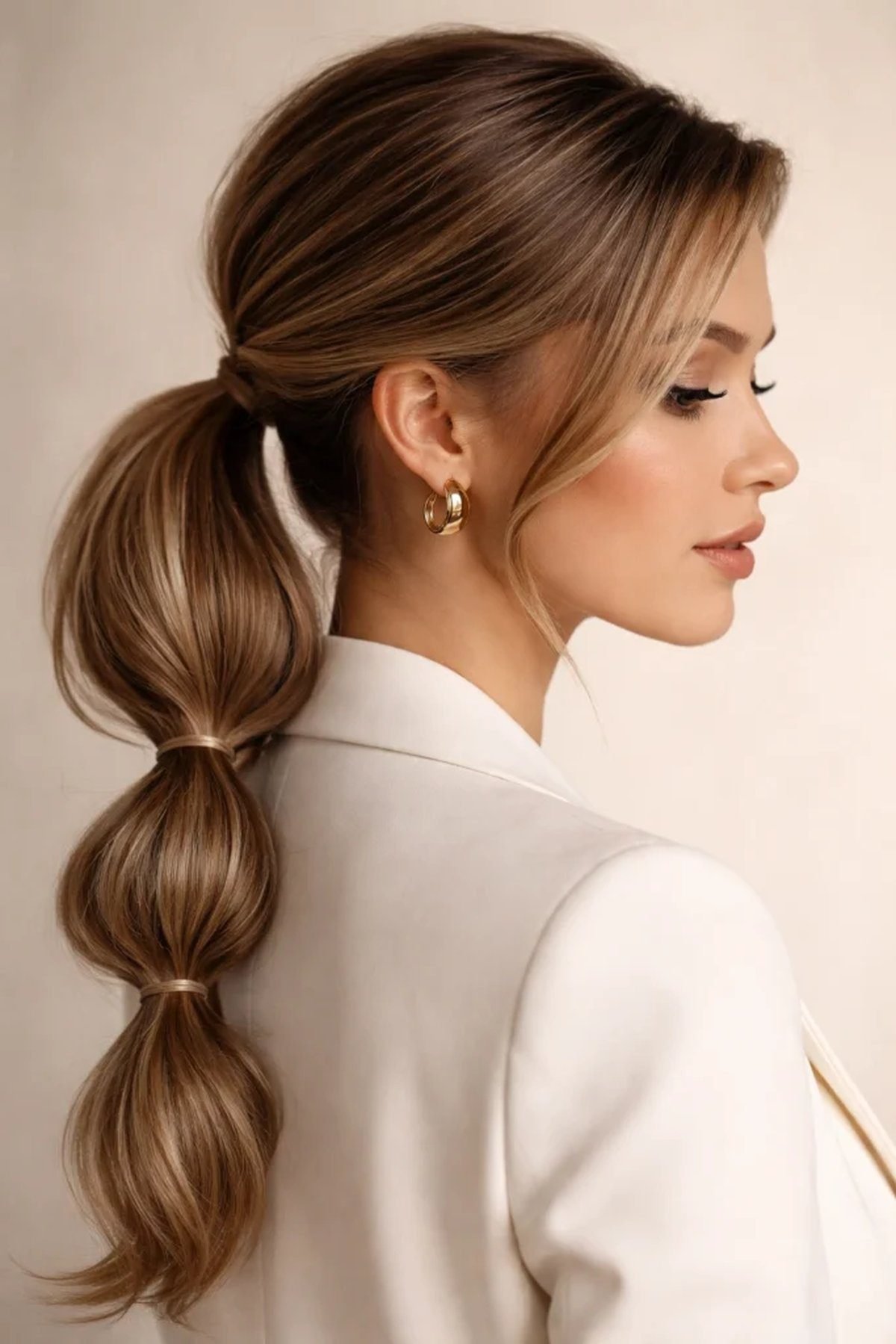 Low bubble ponytail hairstyle on a woman, elegant and modern