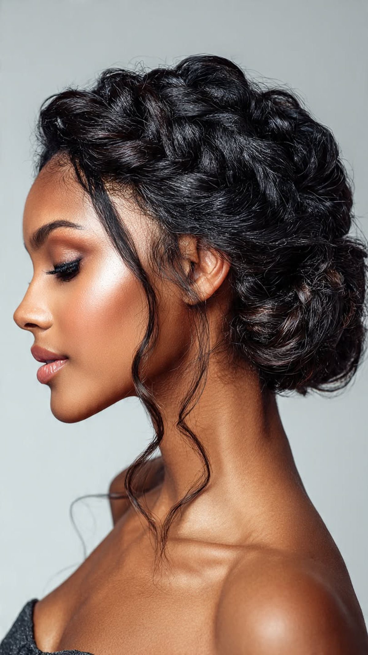 French braid leading into a bun on a woman at the office