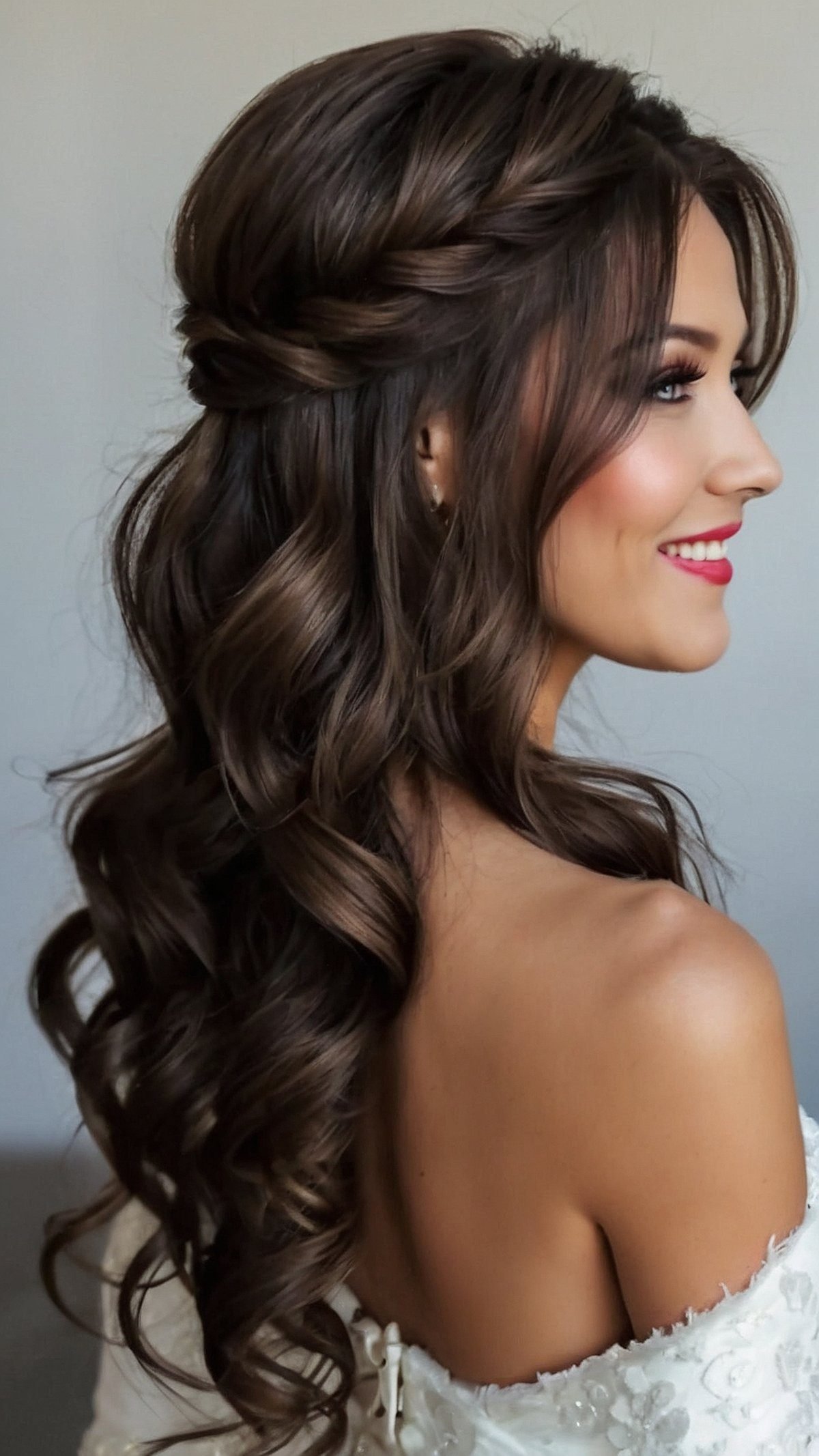 Romantic half-up twisted crown hairstyle with soft curls on a woman
