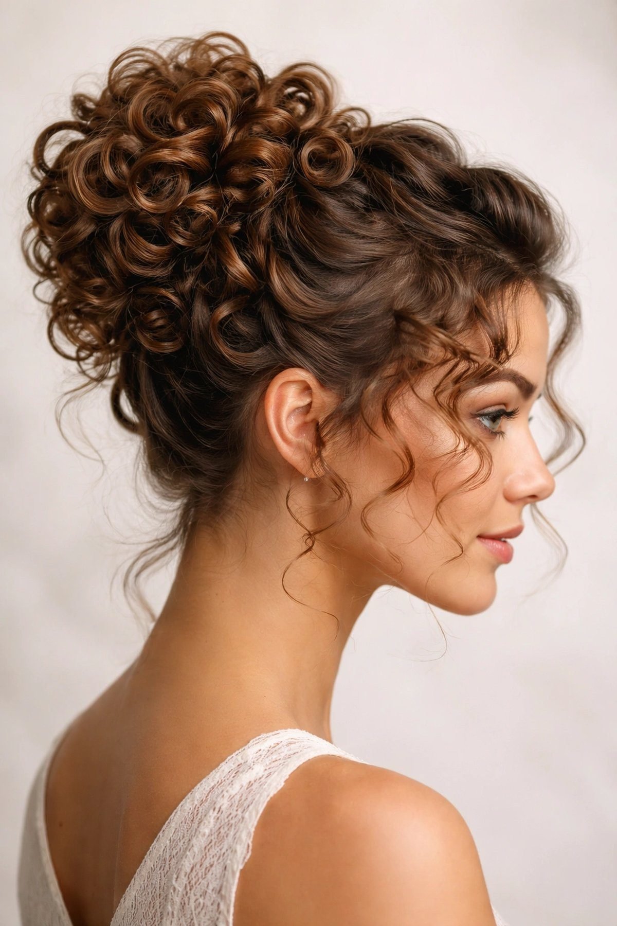 Soft half-up bun hairstyle with loose curls on a woman