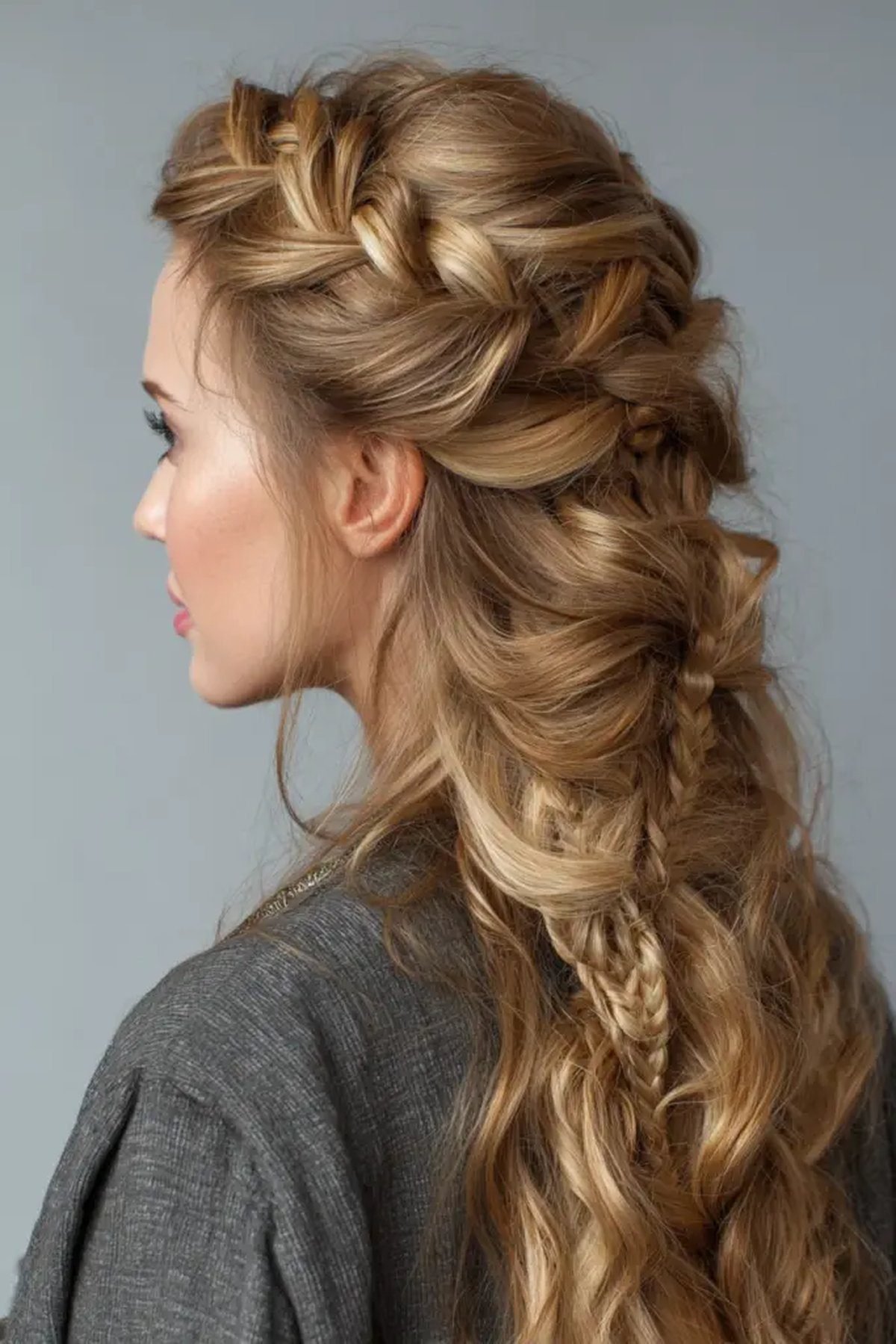Half-up fishtail braid hairstyle on a woman, romantic date night hair