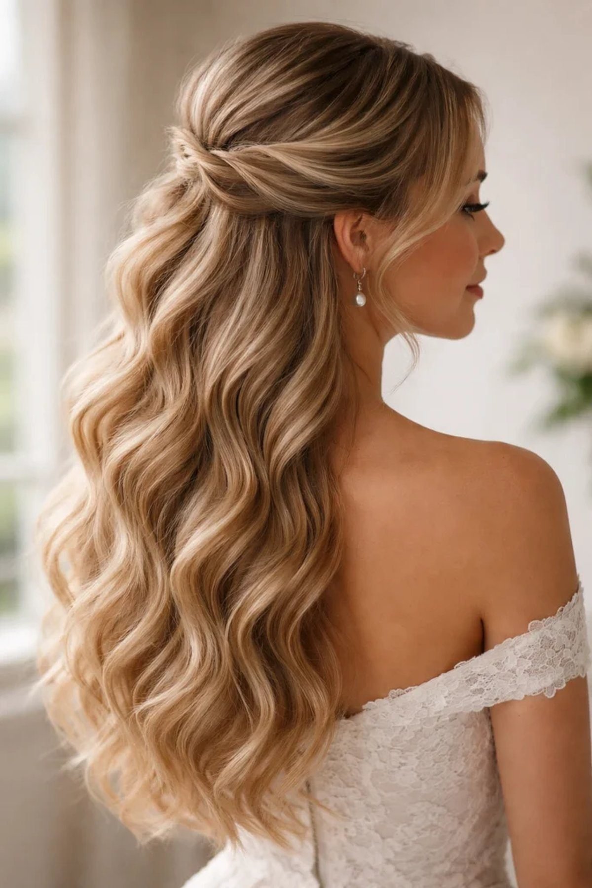 Vintage-inspired half-up hairstyle on a woman, romantic retro look
