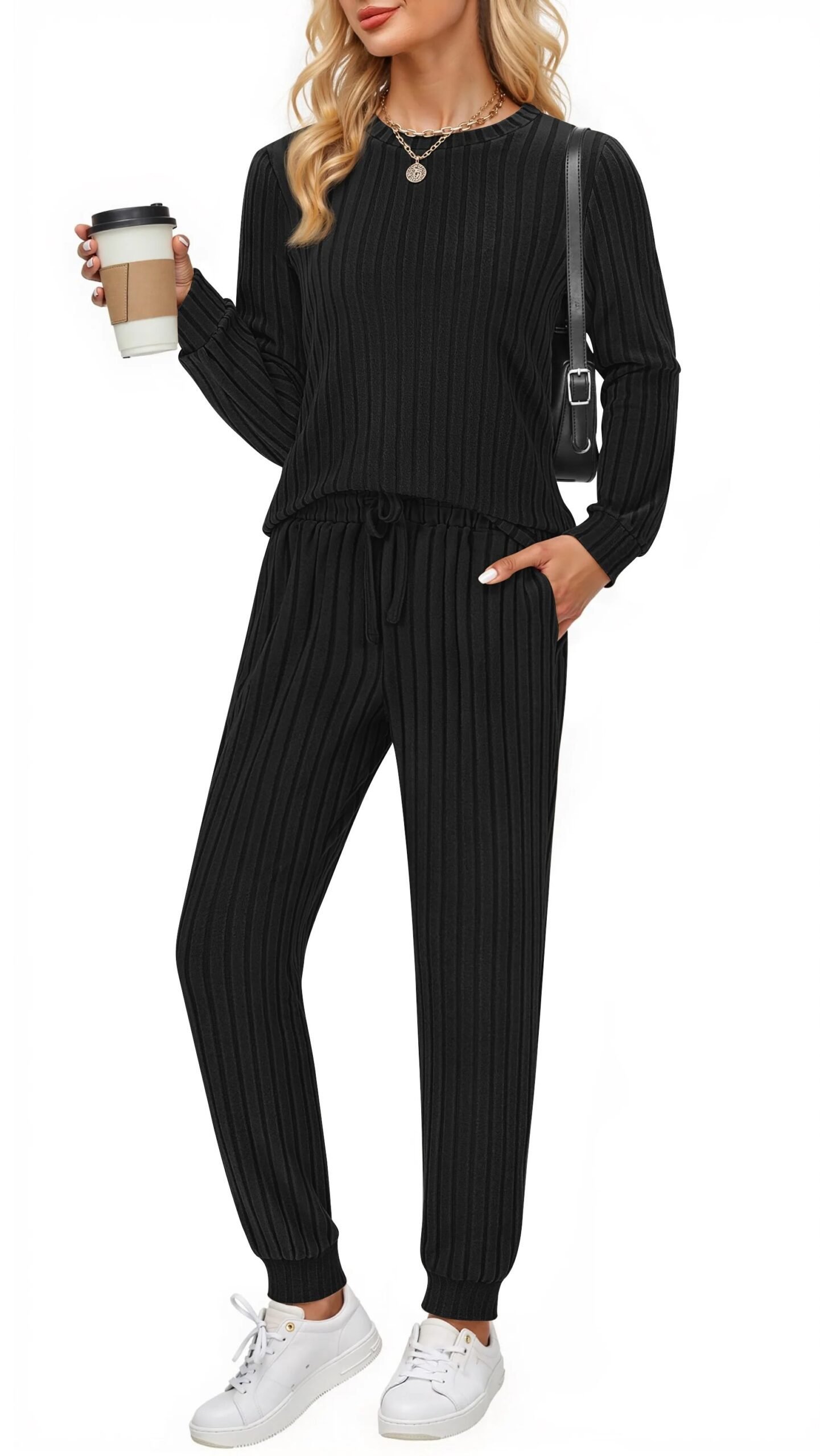 Woman in a cozy knit jogger set, comfortable travel athleisure