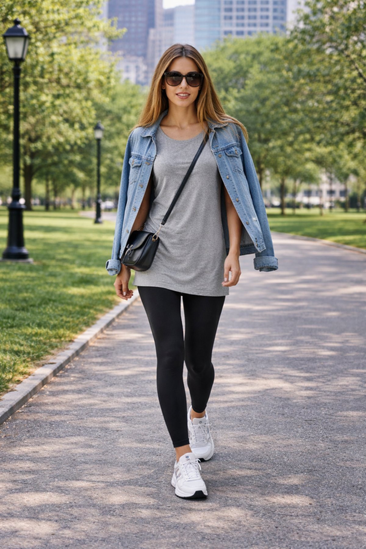 Woman in an oversized t-shirt with leggings and a denim jacket