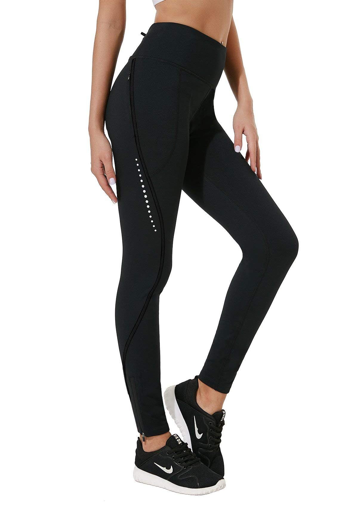 Woman running in fleece-lined leggings with a half-zip pullover