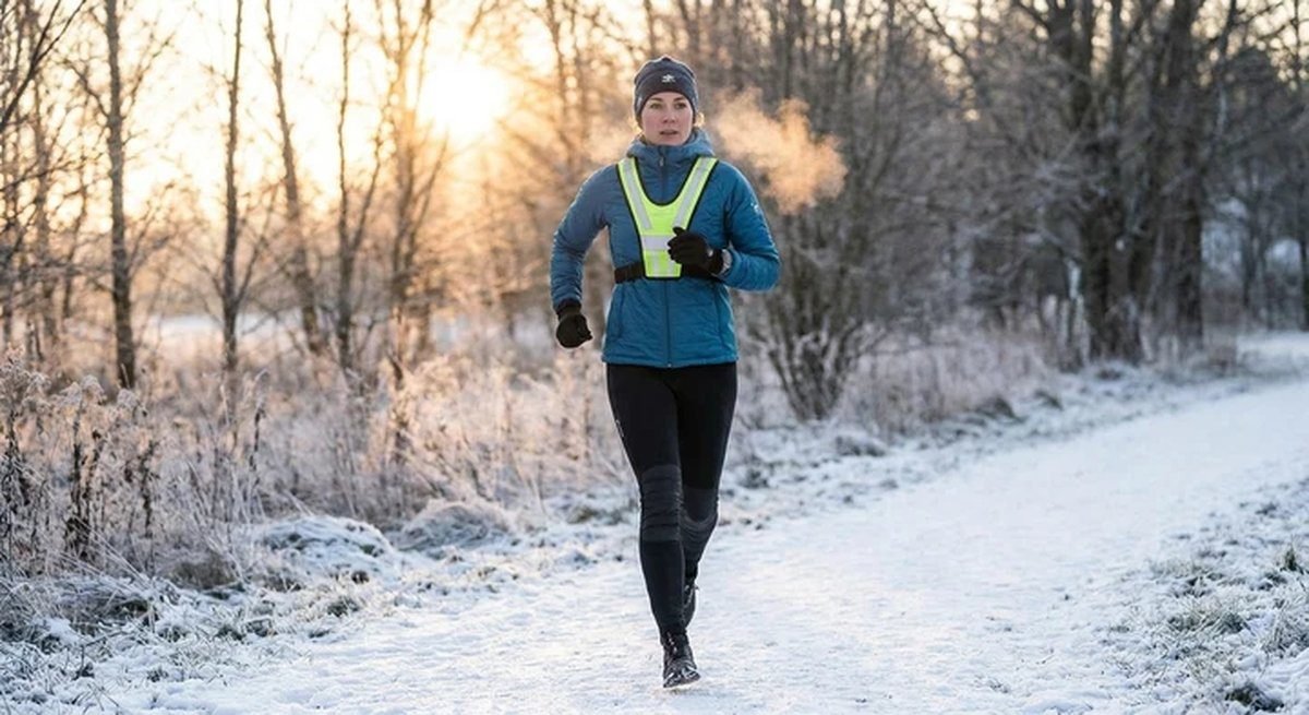 Woman in a warm-up running set with a reflective vest on a winter morning