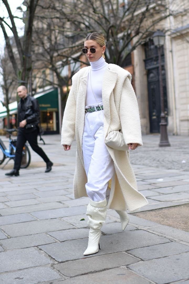 White boots with winter coat outfit