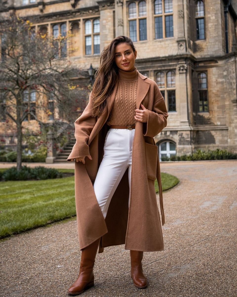 Classic camel wool coat street style outfit