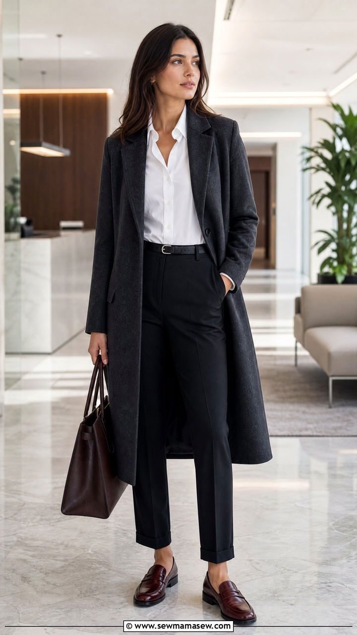 Long wool coat with tailored trousers and loafers