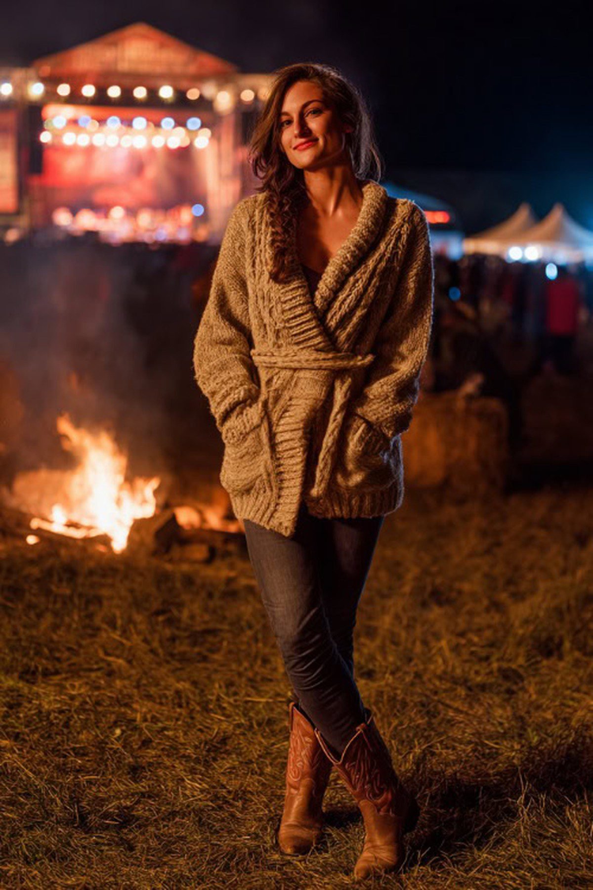 Faux shearling jacket with sweater dress and tights, a warm fall festival night outfit