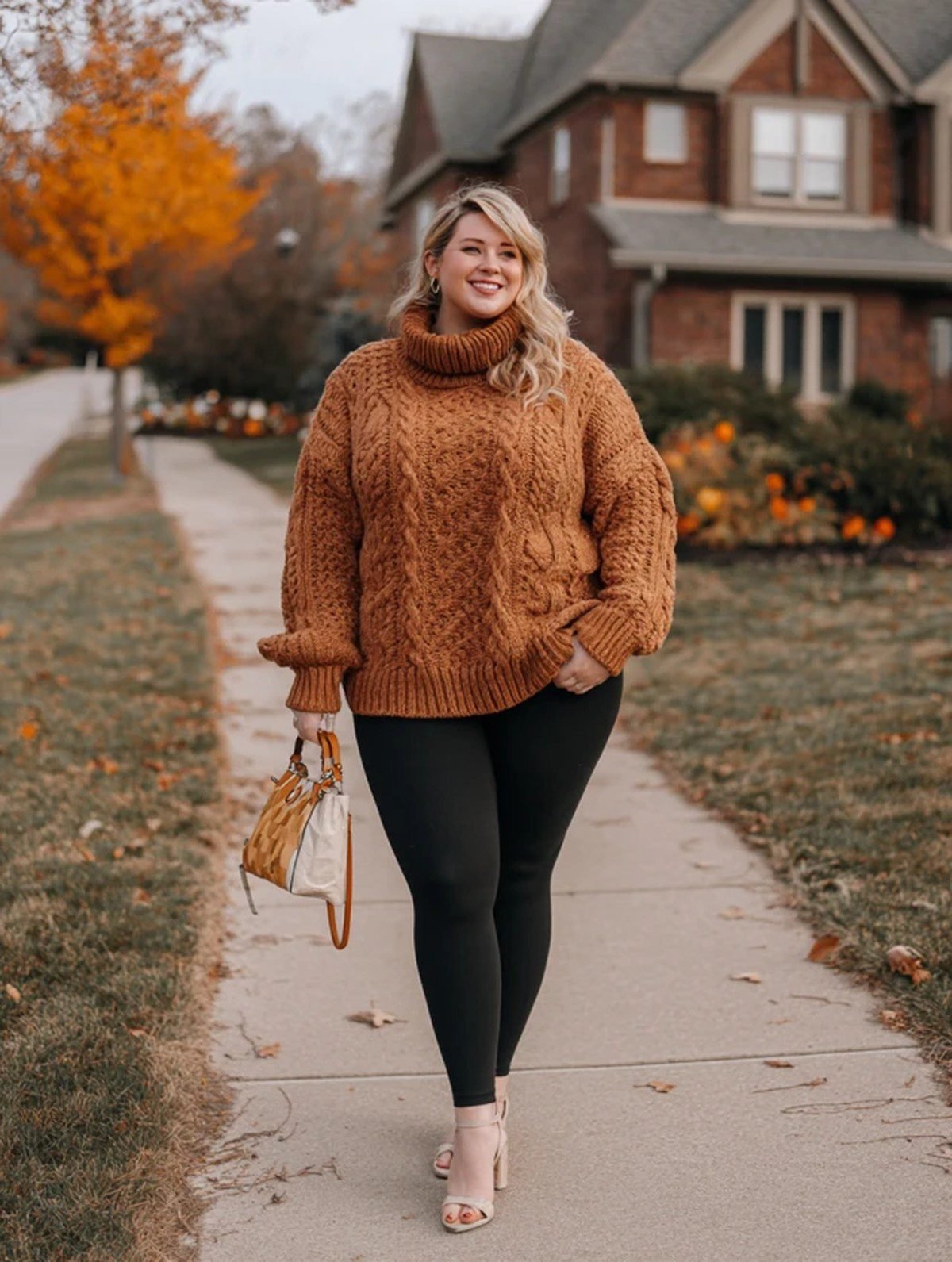 Plus size sweater dress worn over leggings with boots for a cozy fall outfit