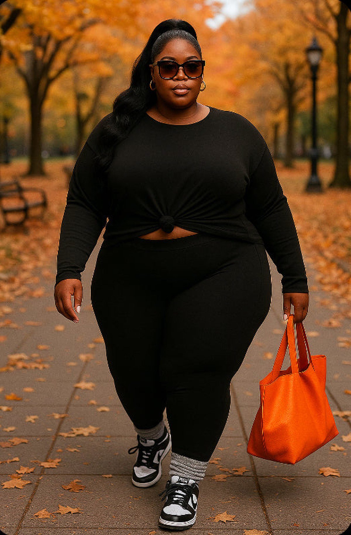 Plus size quilted jacket with thermal top leggings and boots for cold fall days