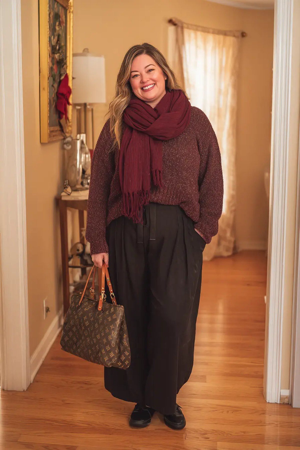 Plus size off-shoulder sweater with dark jeans for a romantic fall outfit