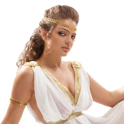 Woman in a white Greek goddess toga costume