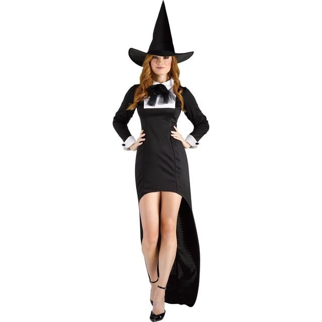 Woman in a modest black witch Halloween costume