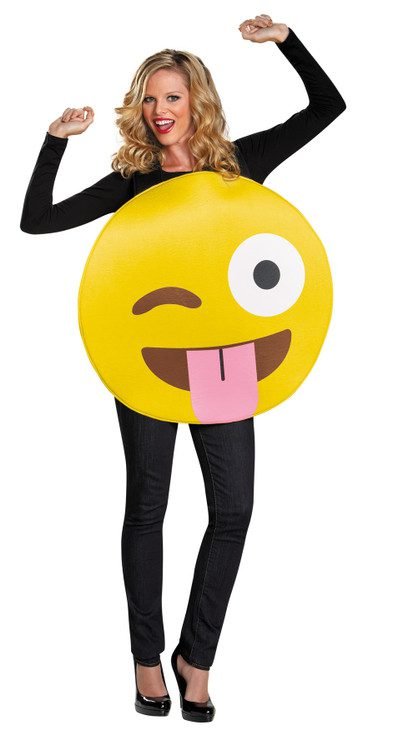 Woman in a smiley emoji Halloween costume