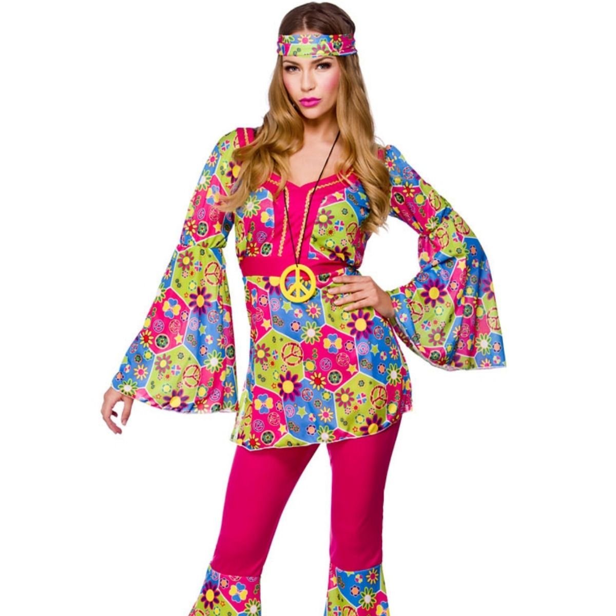 Woman in a 70s hippie flower child Halloween costume