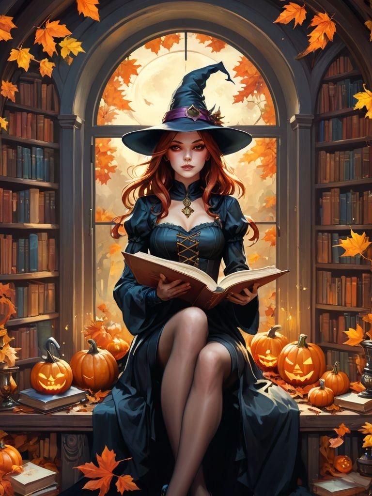 Woman in an academic witch librarian Halloween costume