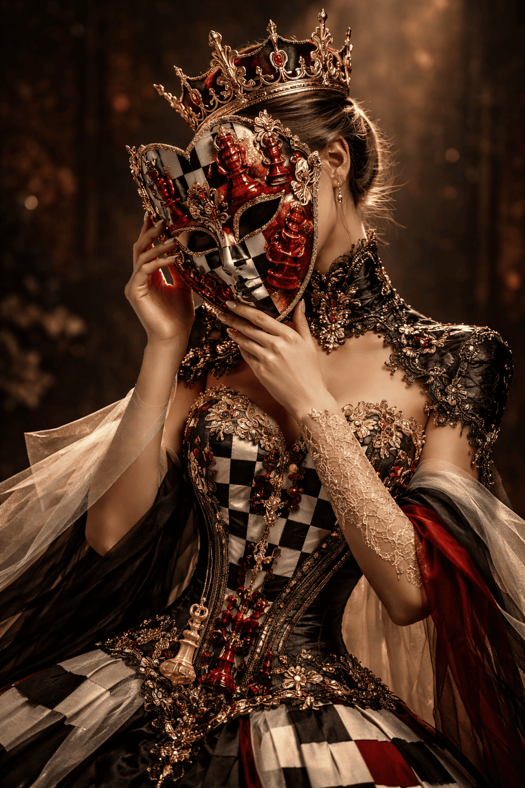 Woman in a human chess queen Halloween costume