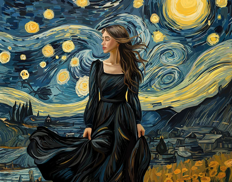 Woman in a Starry Night Van Gogh painting Halloween costume